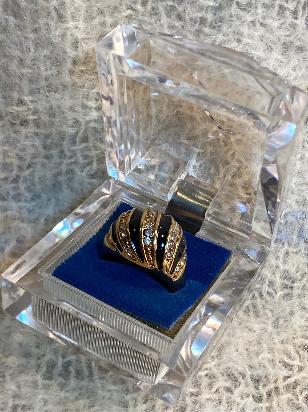 Vintage Black Enamel & Crystal Statement Ring – Gold Tone Cocktail Ring Size 9